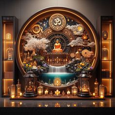 the buddha statue is surrounded by candles and other items in front of an illuminated clock