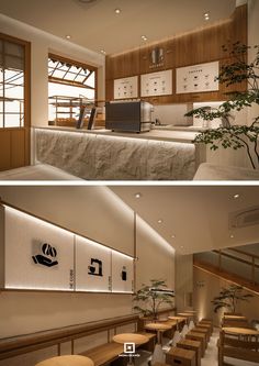 two pictures of a restaurant with wooden tables and stools in front of the counter