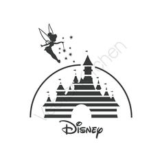 the disney castle logo is shown in black and white