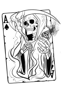 a playing card with a skeleton holding a skull