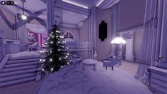 a christmas tree is in the middle of a room with purple walls and white furniture