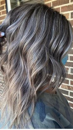 Long Bob Haircuts Gray Hair, 2023 Grey Hair Trends, Hair Color Ideas For Transitioning To Gray, Grey Coverage For Brunettes, Ash Hilights Brown Hair, Grey Blend Balayage, Blending Grays Into Brown Hair, Gray Hair Under 40, Grey Highlights Short Hair