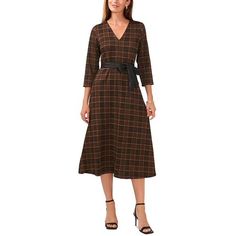 Manufacturer: MSK Style Type: Midi Dress Collection: MSK Sleeve Length: Three-Quarter Sleeves Material: Polyester/Rayon/Lurex/Spandex Fabric Type: Polyester Specialty: Plaid Sku: BH5963566 Removable Belt Included Size: S.  Color: Black.  Gender: female.  Age Group: adult. Knit Plaid, Vintage Boho Dress, Long Bodycon Dress, Belted Midi Dress, V Neck Midi Dress, Faux Leather Belts, Sleeveless Dress Summer, Midi Short Sleeve Dress, Blue Midi Dress