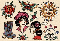 an image of some tattoos with flowers and skulls on the back of their heads,