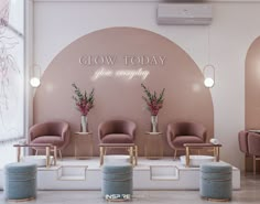 the interior of a salon with chairs and flowers in vases on pedestals next to a wall that says glow today