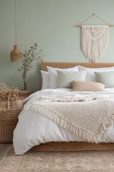 a bed with white linens and pillows in a green room next to wicker baskets