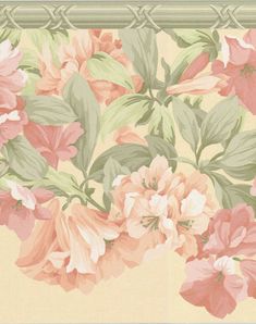 a floral wallpaper with pink flowers and green leaves