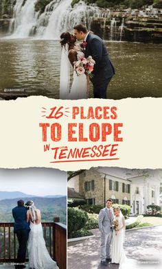 a couple standing next to each other in front of a waterfall with the words, places to elopee in tennessee