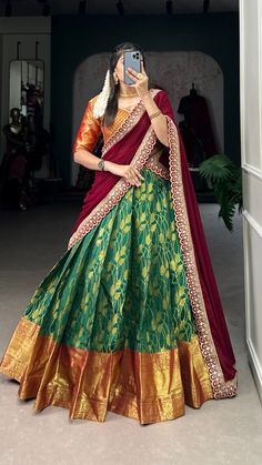 Look amazing adorning green color jacquard silk lehenga choli with beautiful zari weaving work.
Wear this beautiful lehenga at family function and traditional look. Jacquard Lehenga, Beautiful Lehenga, Silk Lehenga Choli, Traditional Look, At Family, Silk Lehenga, Lehenga Choli, Green Color, Lehenga