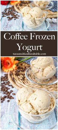 coffee frozen yogurt in glass bowls on a blue tablecloth with text overlay