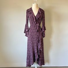 Max Studio Flutter Wrap Dress In A Beautiful Eggplant Purple Plum Color With Constellation Star Pattern. V Neck, Long Bell Sleeves, And Wrap Front Closure With Tie At The Waist. Ruffle Details Add A Romantic Touch To This Floral Wrap Dress. New With Tags And Never Worn! Color Most Like Last Picture. Fitted Flutter Sleeve Dresses For Fall, Purple Fitted Dress With Flutter Sleeves, Fitted Purple Dress With Flutter Sleeves, Fitted Purple Dresses With Flutter Sleeves, Asymetrical Dress, Max Studio Dress, Sundress Dress, Black Sheath Dress, White Floral Dress