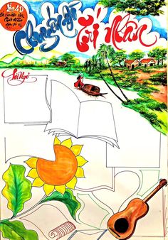 a drawing of an open book with a guitar and sunflower on the cover is shown