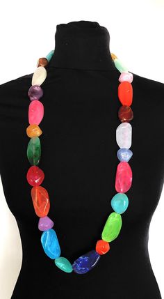 Long, chunky, multi-coloured bead necklace from Olivia Divine. Big, brightly coloured, beaded necklace. Lightweight. Length 90 cm approx. Handmade,,using large acrylic beads. Perfect as a gift or treat for yourself. Luxury Multicolor Necklace With Large Beads, Big Beads Necklace, Long Bead Necklace, Turquoise Hoops, Long Beaded Necklace, Colourful Necklace, Heart Beads, Beads Necklace, Acrylic Beads