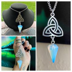 Handmade Celtic Knot Iridescent Opalite Pendulum Necklace . Chain Is Stainless Steel And Is Adjustable 15 To 16.5 Inch Long . Blue Iridescent Opalite Triangle Shape Pendulum Charm And Silver Plated Celtic Knot Trinity Charm Tags : Celtic Knots / Trinity / Triquetra / Trisquel / Celt / #Celtic / , Boho / Bohemian / Charmed / Witch / #Fairy / Goth / #Gothic / Moon Child / Mermaid / Boho Chic / Chokers / Viking / Medieval / Victorian / Rock & Roll / Rocker / Rock Chic / Biker / Gift / Nordic / Styl Viking Medieval, Witch Fairy, Pendulum Necklace, Goth Choker, Fairy Goth, Biker Gifts, Stainless Steel Chain Necklace, Celtic Knots, Rock Chic