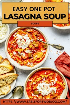 two bowls of lasagna soup with text overlay that reads easy one pot lasagna soup