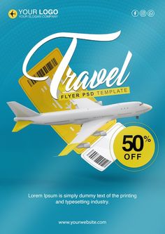 a flyer for a travel company with an airplane flying in the sky and 50 % off