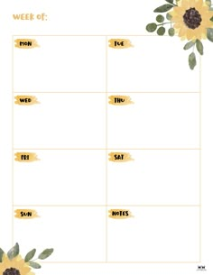 a printable weekly planner with sunflowers and leaves on the side, in yellow