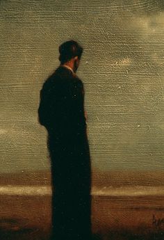 a painting of a man standing in front of the ocean with his back to the camera