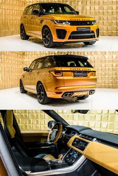 an orange car is parked in front of a wall with gold tiles and black leather seats