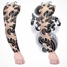 the legs and arms of a person with tattoos on their body are covered in black and white swirls