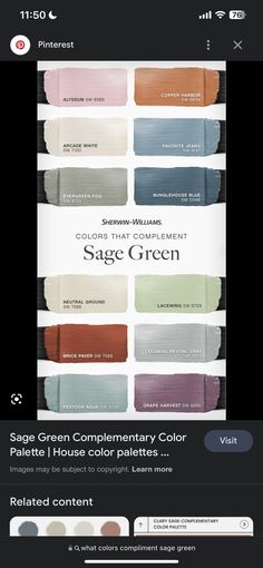 the website for sage green color palettes is displayed on an iphone screen, and it shows