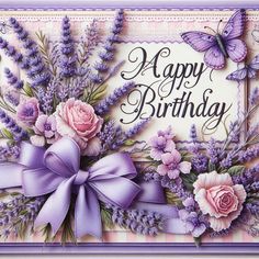 a birthday card with purple flowers and butterflies on the front, in pastel tones