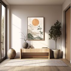 a living room with two vases on the floor and an art piece hanging above it