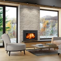 a living room filled with furniture and a fire place in the middle of two windows