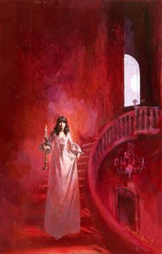 a painting of a woman in a white dress holding a candle standing next to a staircase