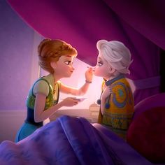 the princess and the frog are talking to each other on their bed in disney's frozen