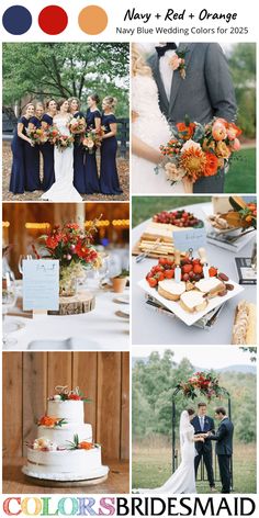 wedding color palettes for the bride and groom in navy, red, orange, yellow