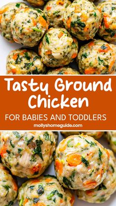 a plate full of tasty ground chicken for babies and toddlers with text overlay