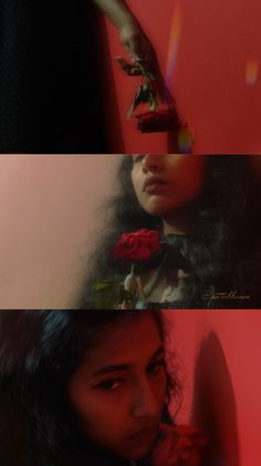 three different images of a woman holding a rose