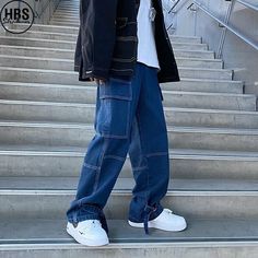 Neutral Trousers, Denim Cargo Pants, Jean Large, Style Hip Hop, Jeans Cargo, Jeans Wide, Streetwear Mens