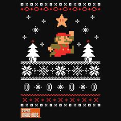 an old school video game christmas sweater with the character mario on it's chest