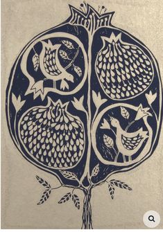 a drawing of two pomegranates in the shape of a tree with leaves