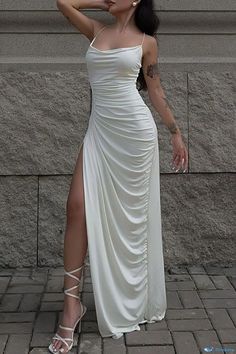 OrcaJump - High-Low Solid White Party Dress with Sexy Spaghetti Straps and Fold Detail Classy Prom, Classy Prom Dresses, Stunning Prom Dresses, Prom Dress Inspiration, Cute Prom Dresses, White Dress Party, Pretty Prom Dresses, فستان سهرة, Trening Pilates