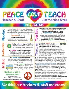 a poster with the words peace love teach and appreciation week written in rainbow colors on it