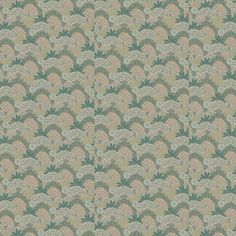 a green and beige wallpaper with flowers on it