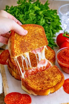 a grilled cheese sandwich is being held up by someone's hand, with tomatoes and parsley in the background