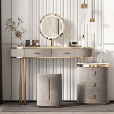 a dressing table with two stools and a round mirror on the wall next to it