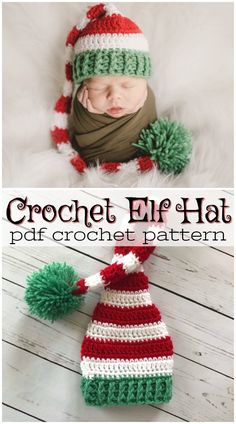 a crochet elf hat with pom - poms on it