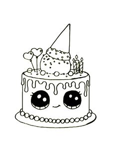 a birthday cake with candles and eyes drawn on the top, in black and white