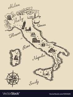 the map of italy with all its towns and cities in hand drawn ink on paper