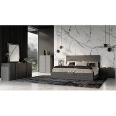 a modern bedroom with marble walls and flooring