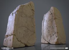 two large rocks sitting next to each other on top of a reflective surface in front of a gray background