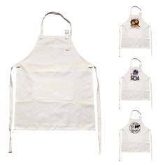 four aprons with different designs on them, one is white and the other has a brown bear