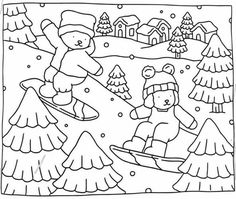 a black and white drawing of two children skiing in the snow with trees on either side