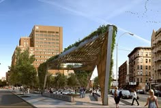 an artist's rendering of a city street with people walking and sitting on benches