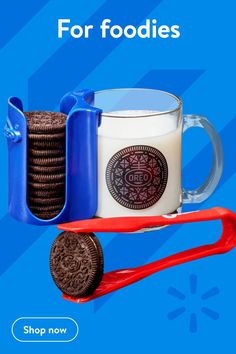 an advertisement for cookies and milk on a blue background with the words, cookie maker for foodies